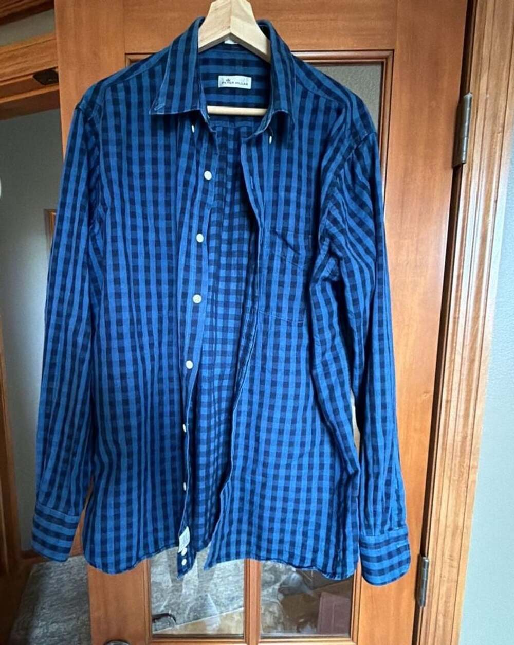 Peter Millar Plaid Button Down Shirt Size Large Blue Gingham Cotton